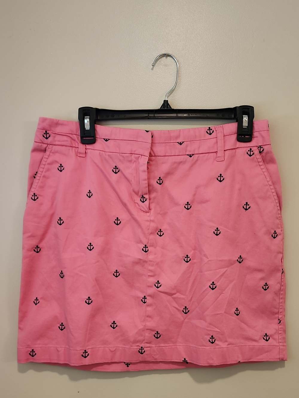 British Khaki Skirt Pink w/Blue Embroidered Anchors Preppy Country Club size 8
